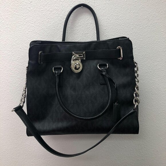 Michael Kors Black Logo Monogram Large Hamilton Satchel Bag Handbag Purse - Picture 1 of 8